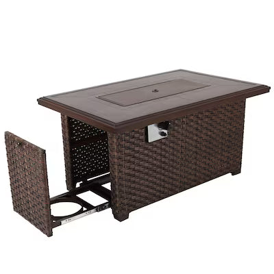 Brown wicker outdoor table with glass top on a white background