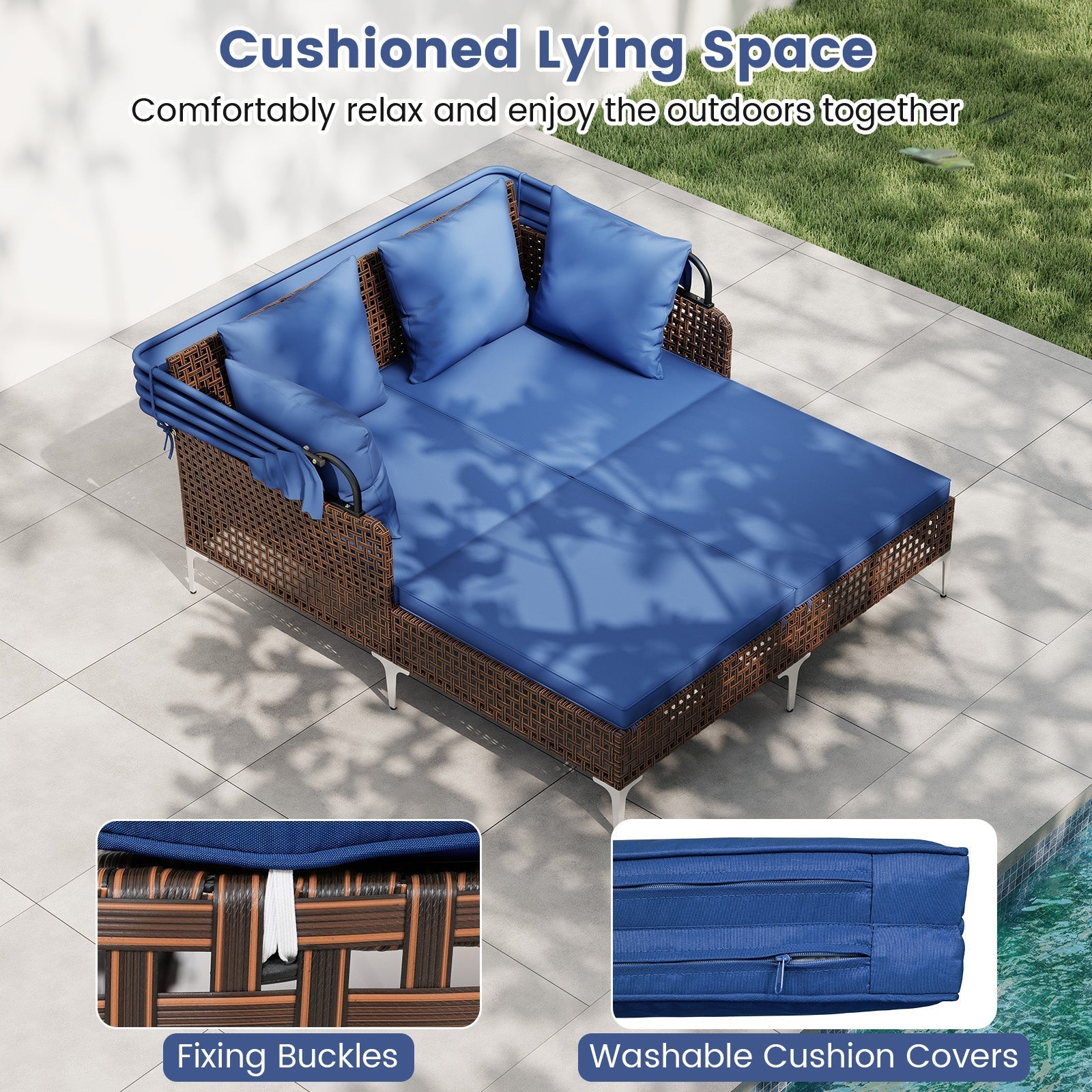 Outdoor Daybed with Retractable Canopy PE Wicker Rattan Patio Lounger