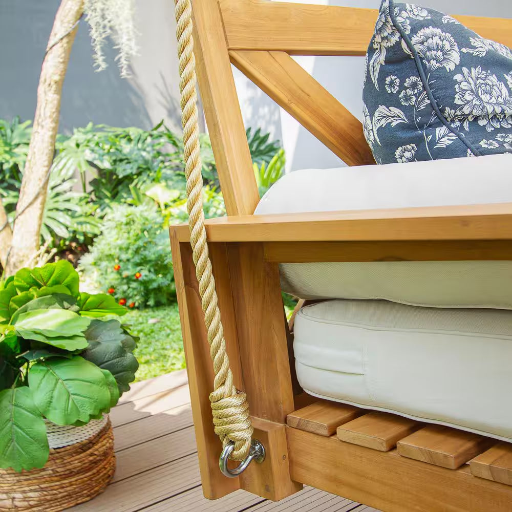 Largo 2-Person Teak Wood Porch Swing Daybed with off White Cushion