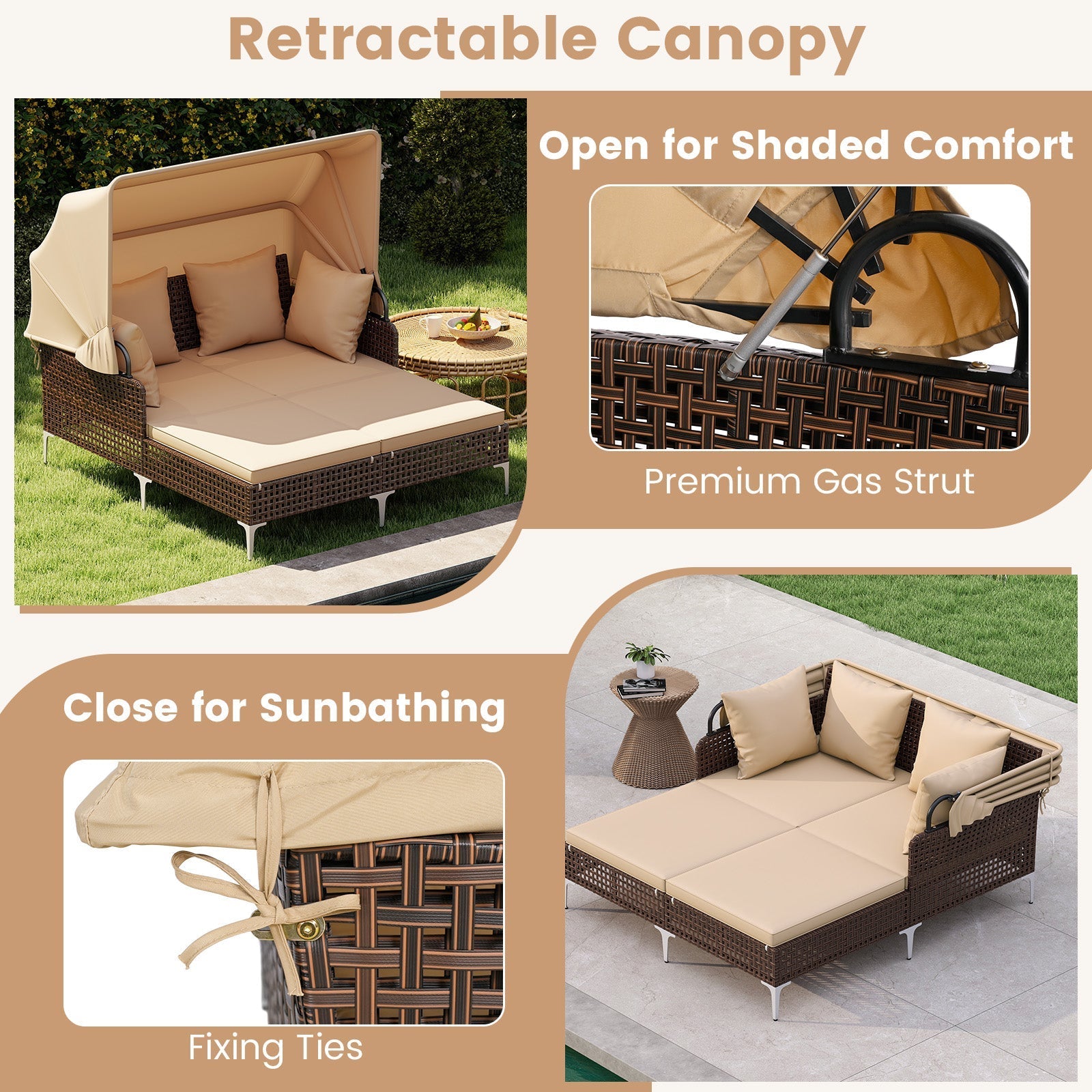 Outdoor Daybed with Retractable Canopy PE Wicker Rattan Patio Lounger