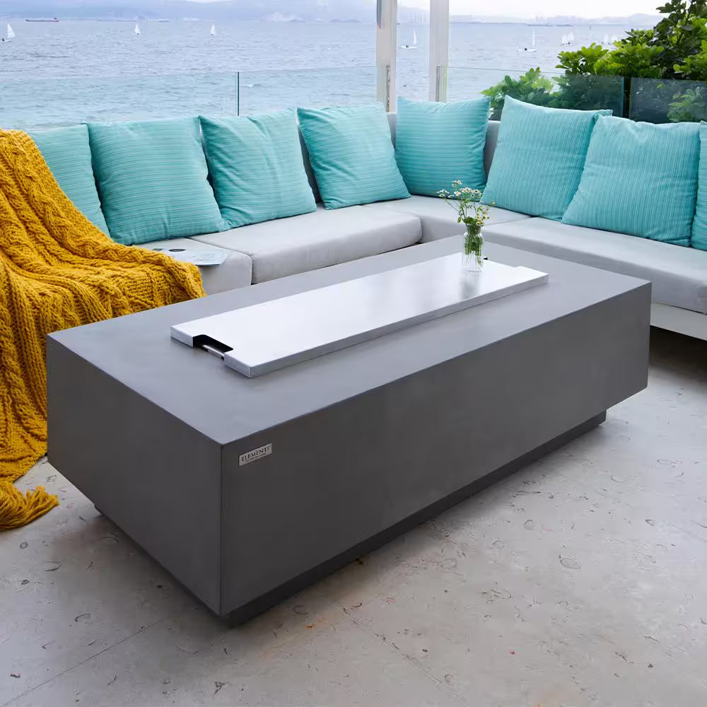 Granville Outdoor Fire Pit 60 In. X 27 In. Rectangular Concrete Propane Fire Table with Lava Rocks and Cover