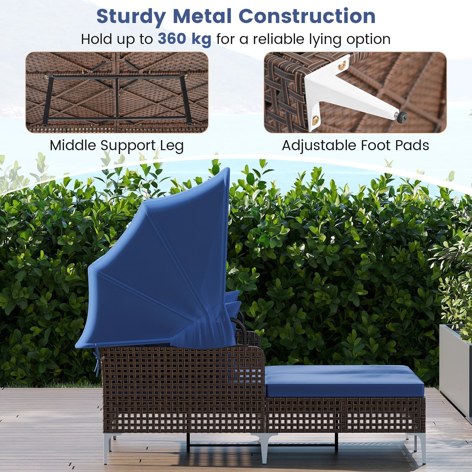 Outdoor Daybed with Retractable Canopy PE Wicker Rattan Patio Lounger