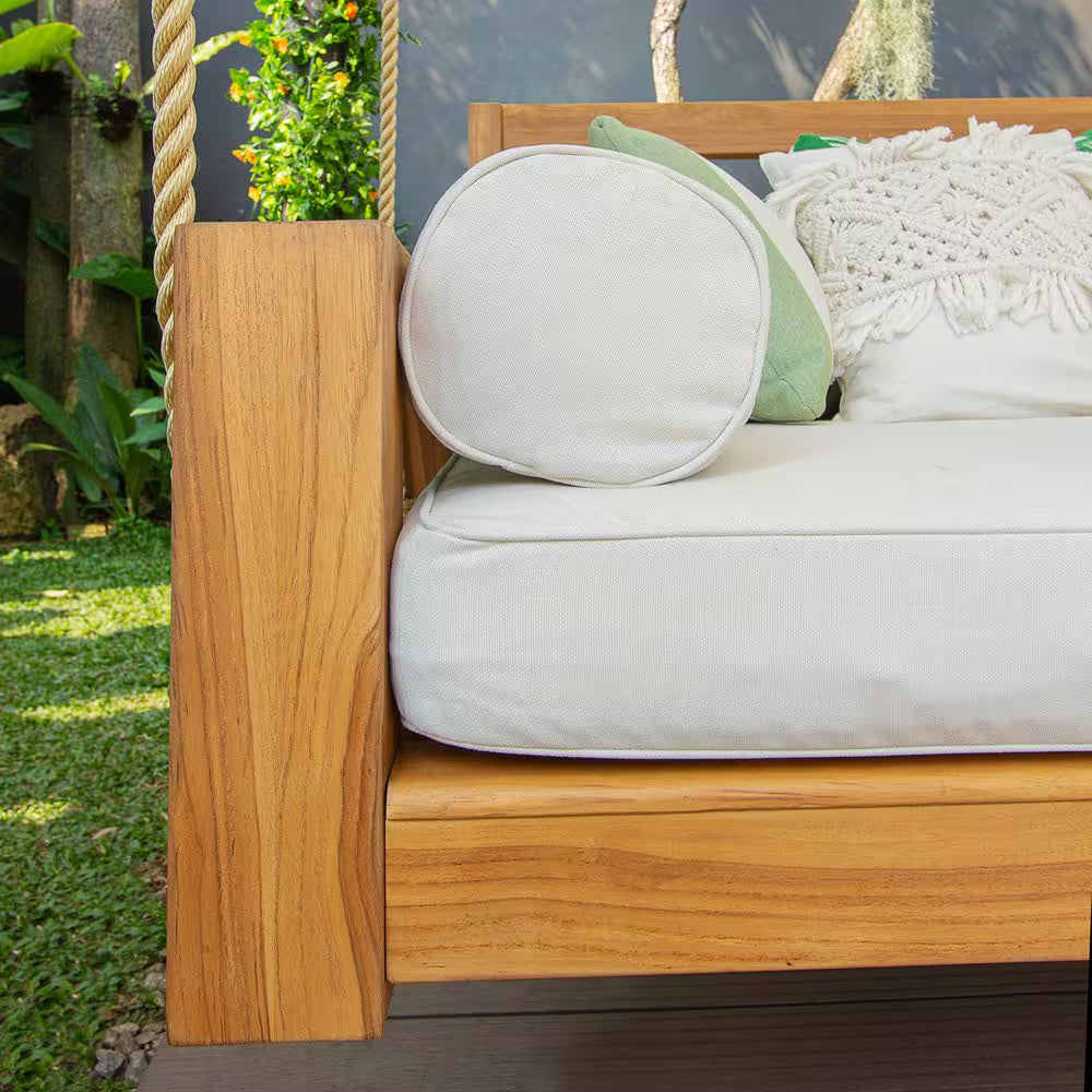 Largo 2-Person Teak Wood Porch Swing Daybed with off White Cushion