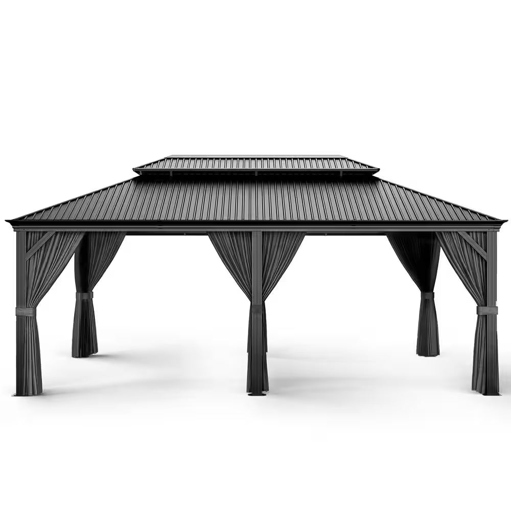 12 Ft. X 20 Ft. Double Roof Hardtop Aluminum Patio Gazebo with Netting and Gray Curtains