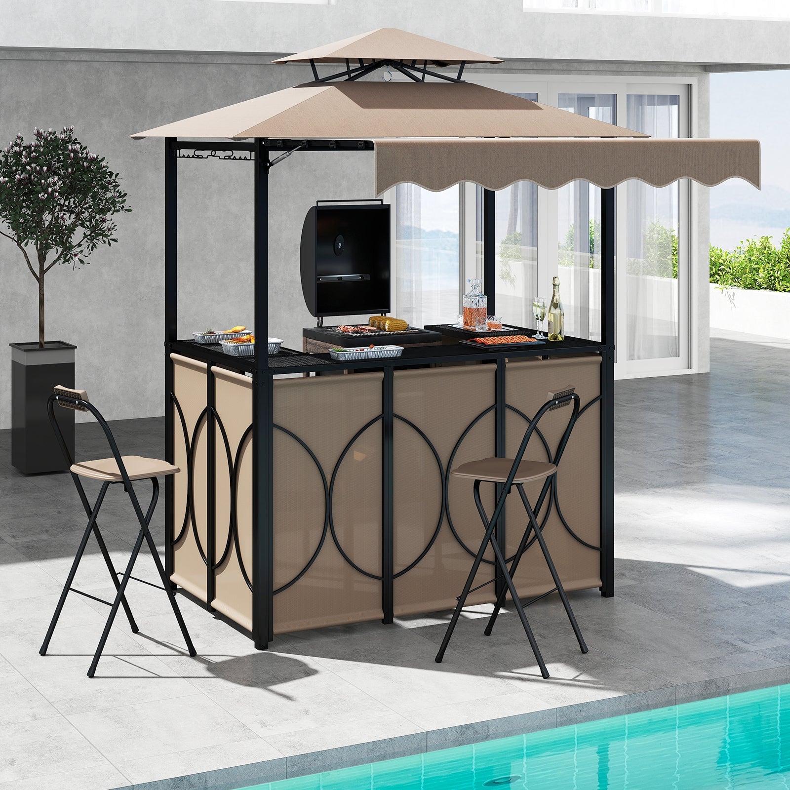 Grill Gazebo with Awning 3-Piece Outdoor BBQ Canopy Double-Tier Soft Top Barbecue Shelter