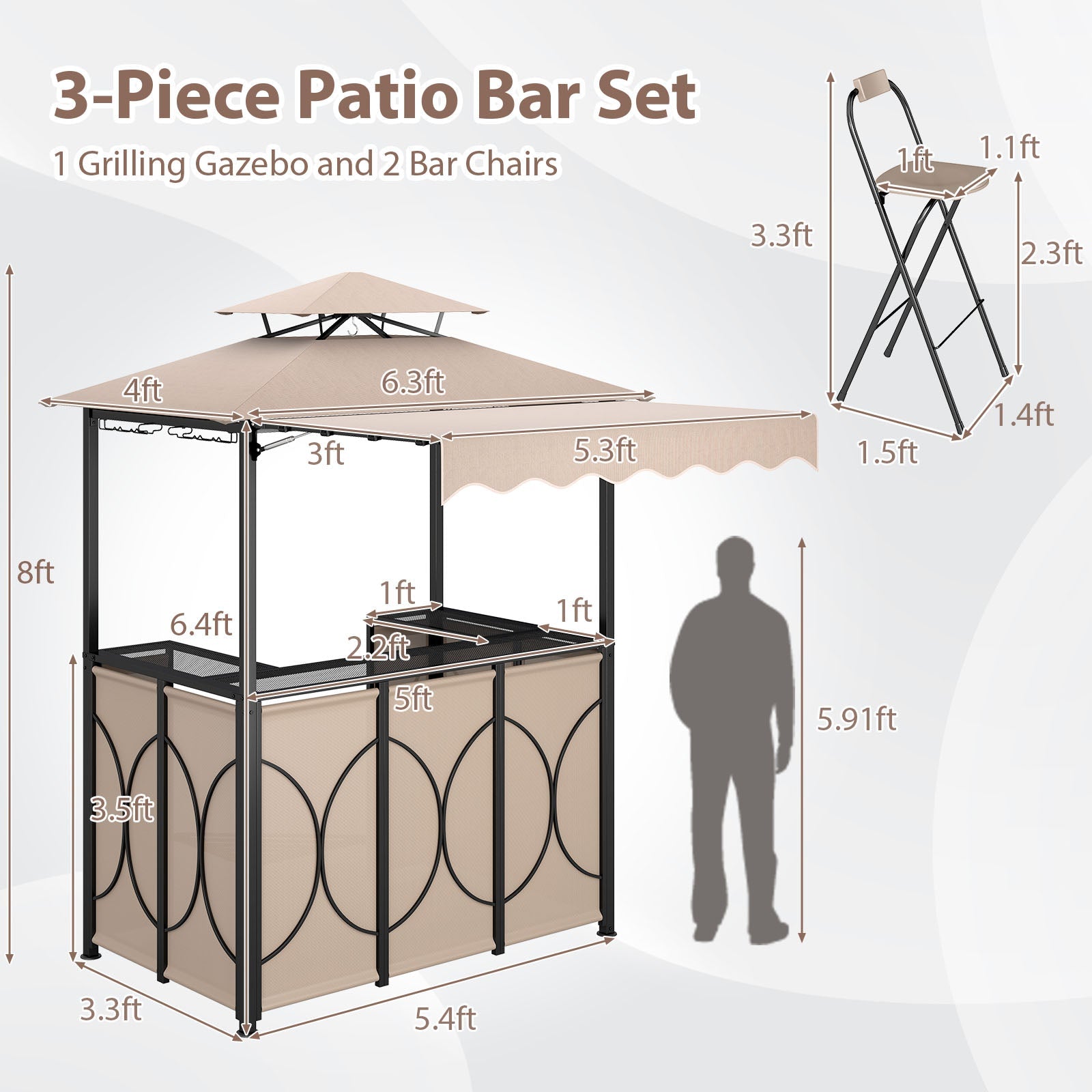 Grill Gazebo with Awning 3-Piece Outdoor BBQ Canopy Double-Tier Soft Top Barbecue Shelter