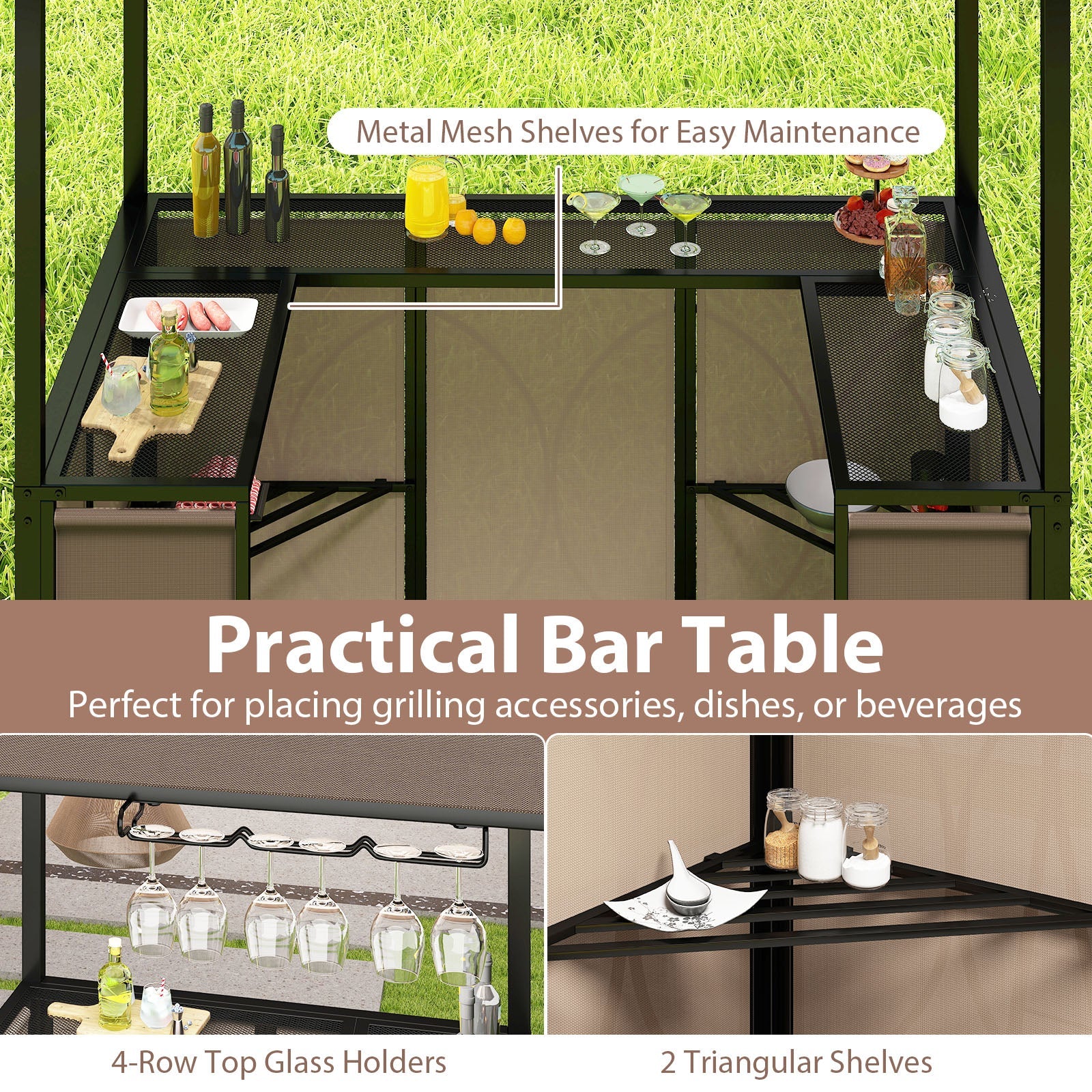 Grill Gazebo with Awning 3-Piece Outdoor BBQ Canopy Double-Tier Soft Top Barbecue Shelter