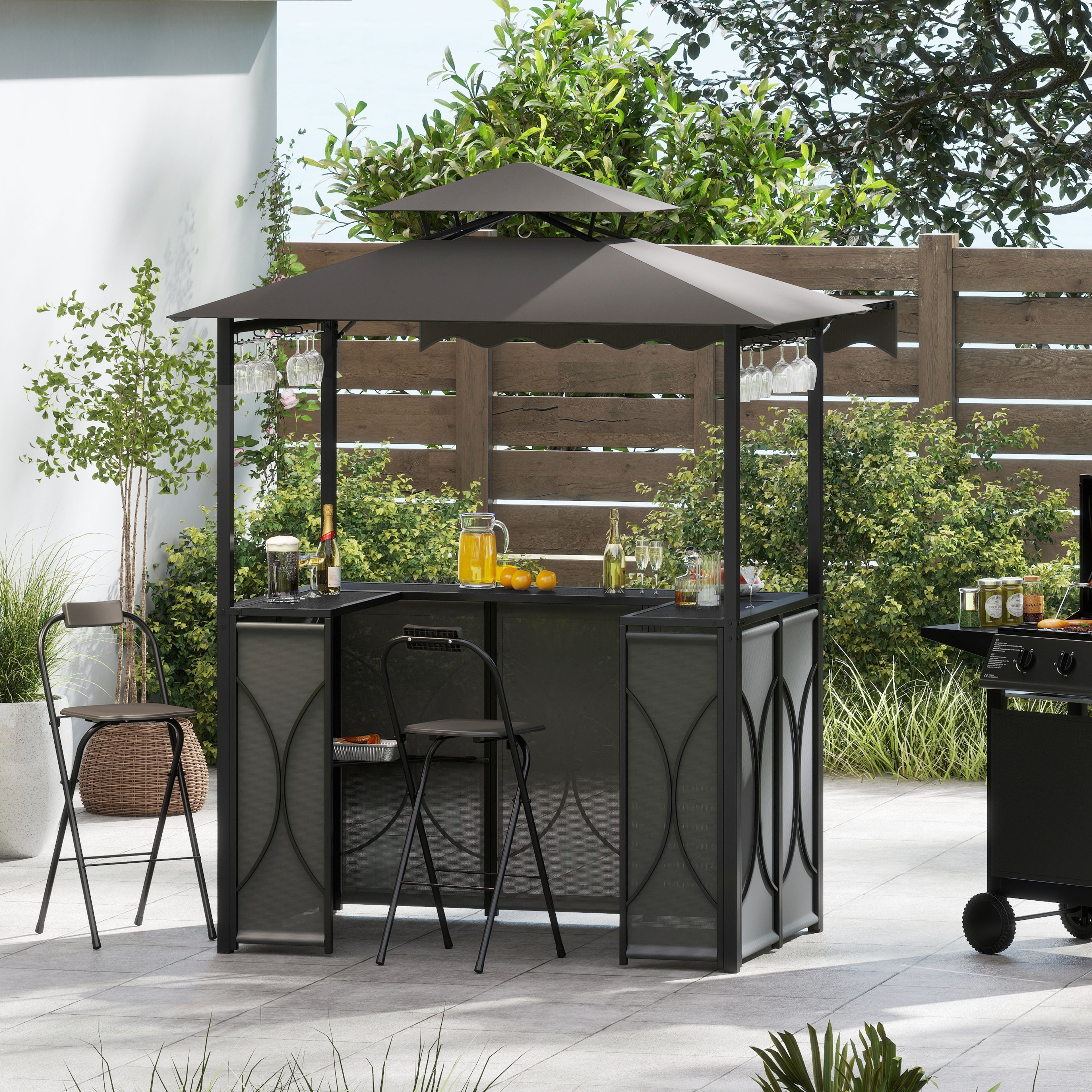 Grill Gazebo with Awning 3-Piece Outdoor BBQ Canopy Double-Tier Soft Top Barbecue Shelter
