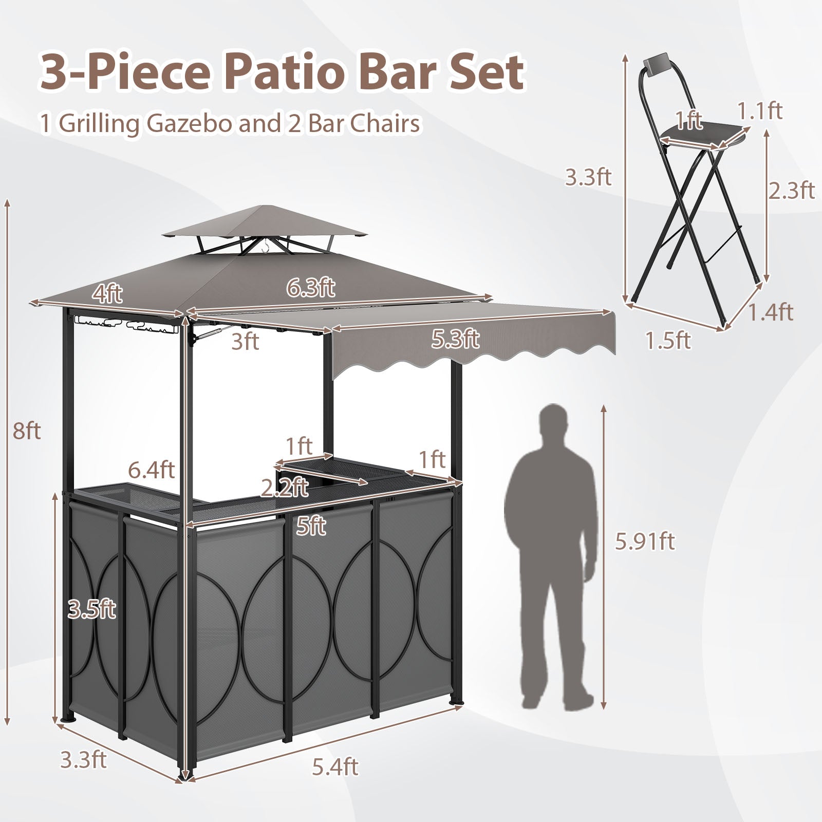 Grill Gazebo with Awning 3-Piece Outdoor BBQ Canopy Double-Tier Soft Top Barbecue Shelter