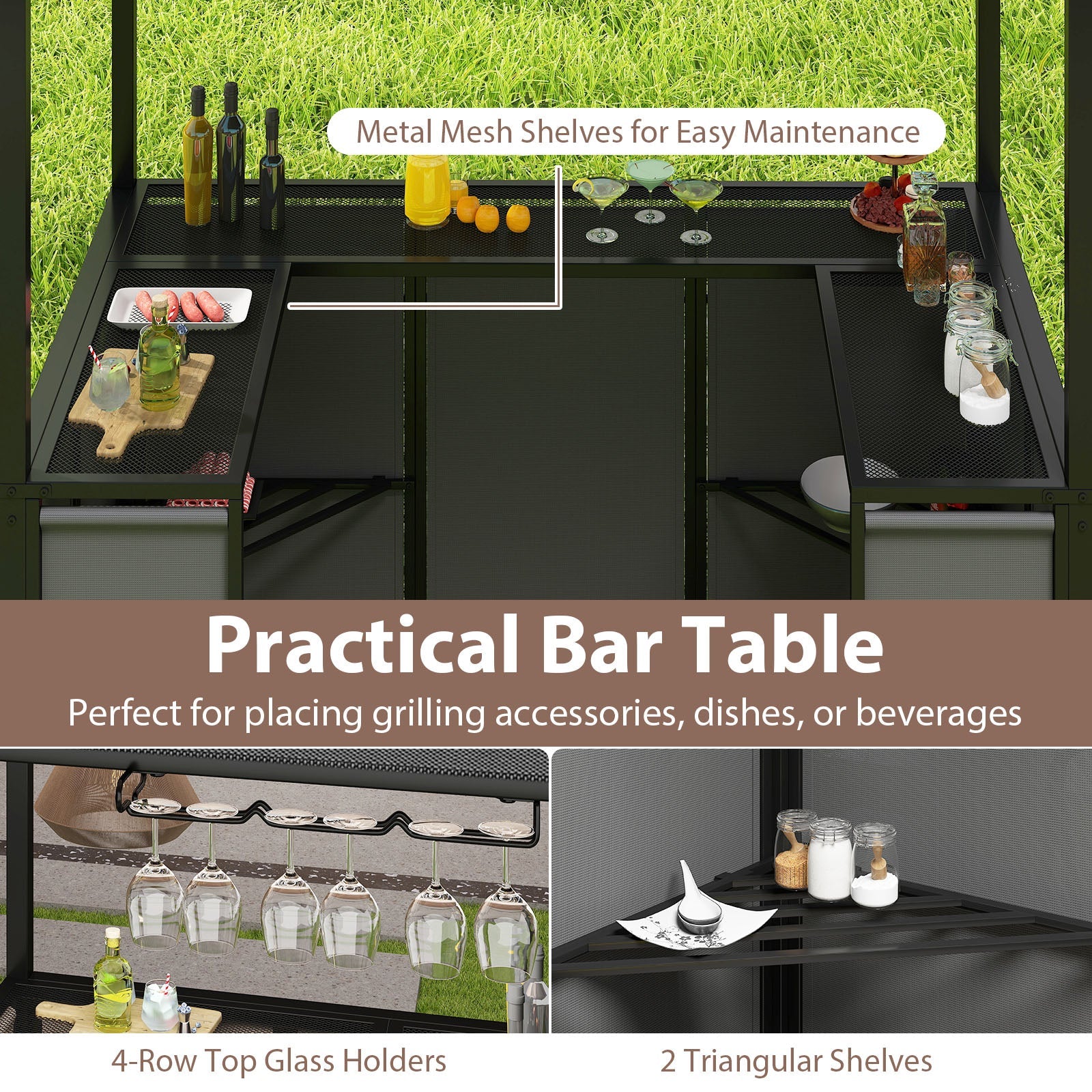 Grill Gazebo with Awning 3-Piece Outdoor BBQ Canopy Double-Tier Soft Top Barbecue Shelter