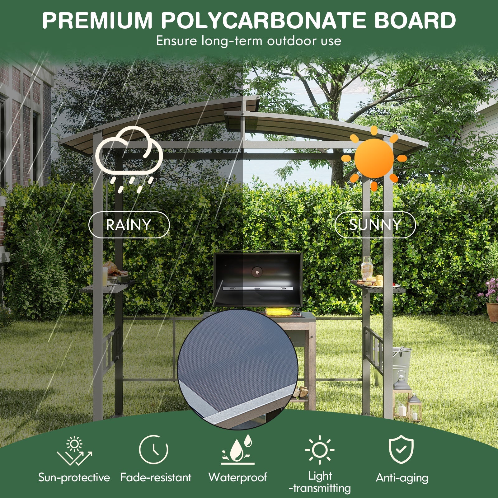 Hardtop Grill Gazebo with Vented Polycarbonate Roof Side Shelves-Black