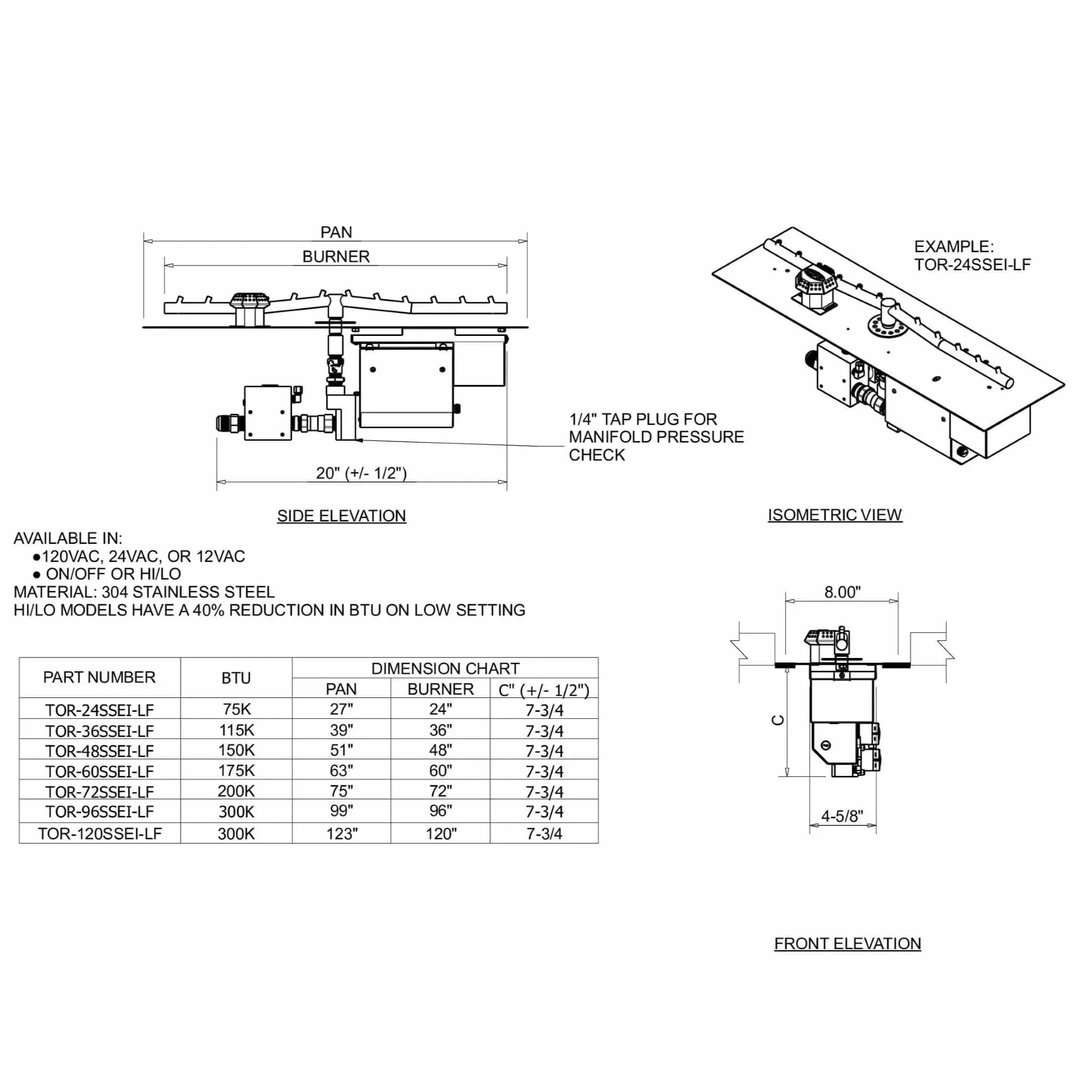 HPC Fire Linear Torpedo Flat Fire Pit Kit (Hi/Lo Electronic Ignition)