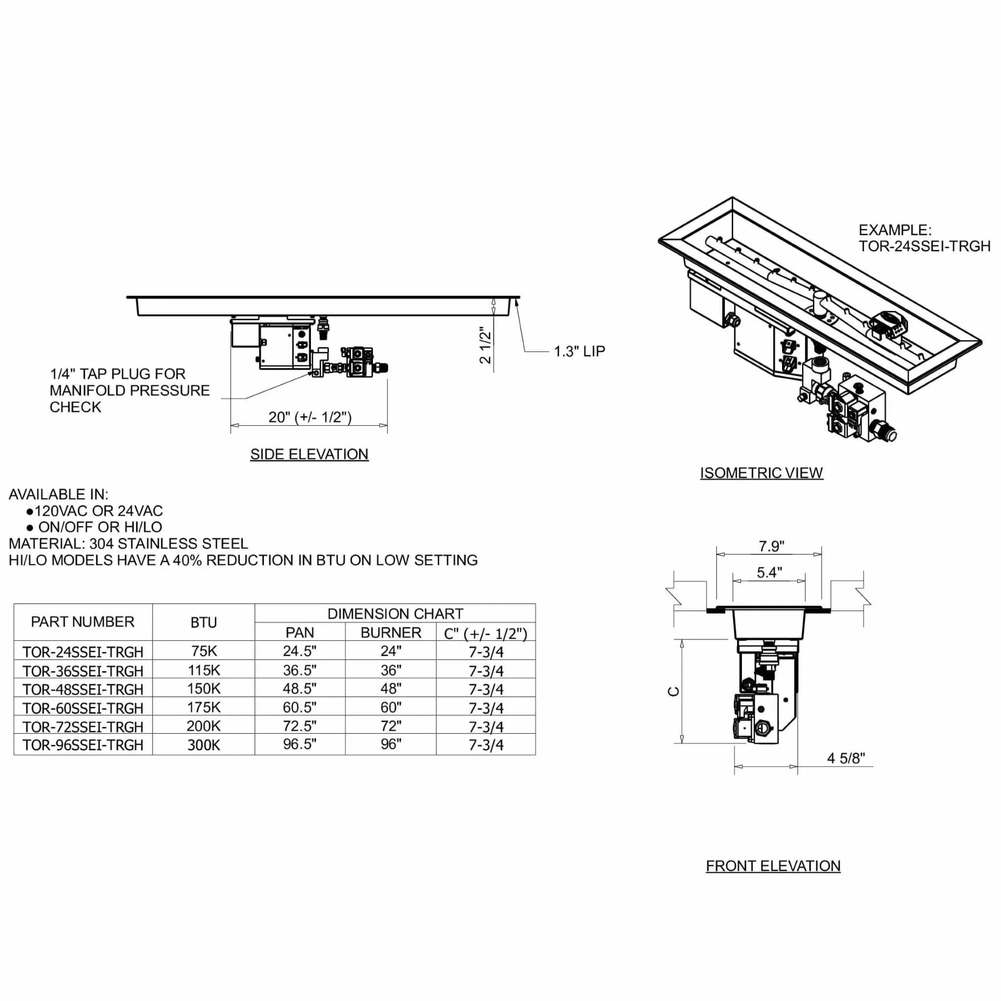 HPC Fire Linear Trough Torpedo Fire Pit Kit (On/Off Electronic Ignition)