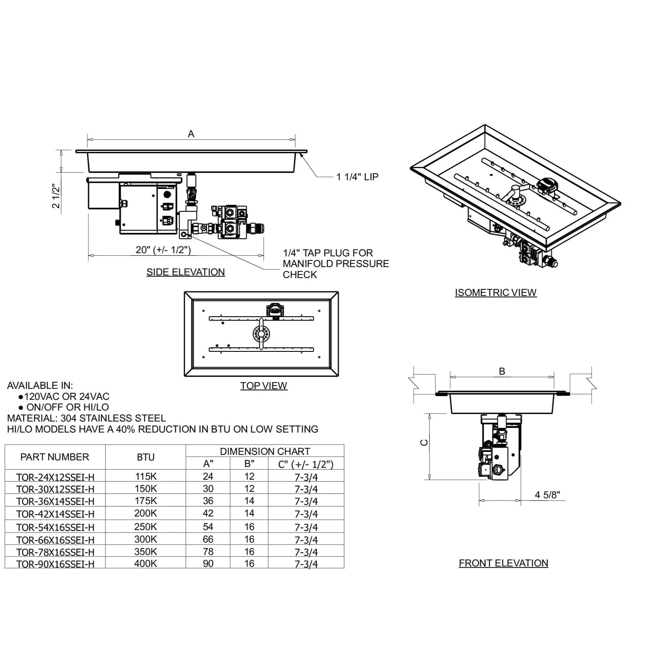 HPC Fire Rectangle Torpedo Drop-In Fire Pit Kit (On/Off Electronic Ignition)