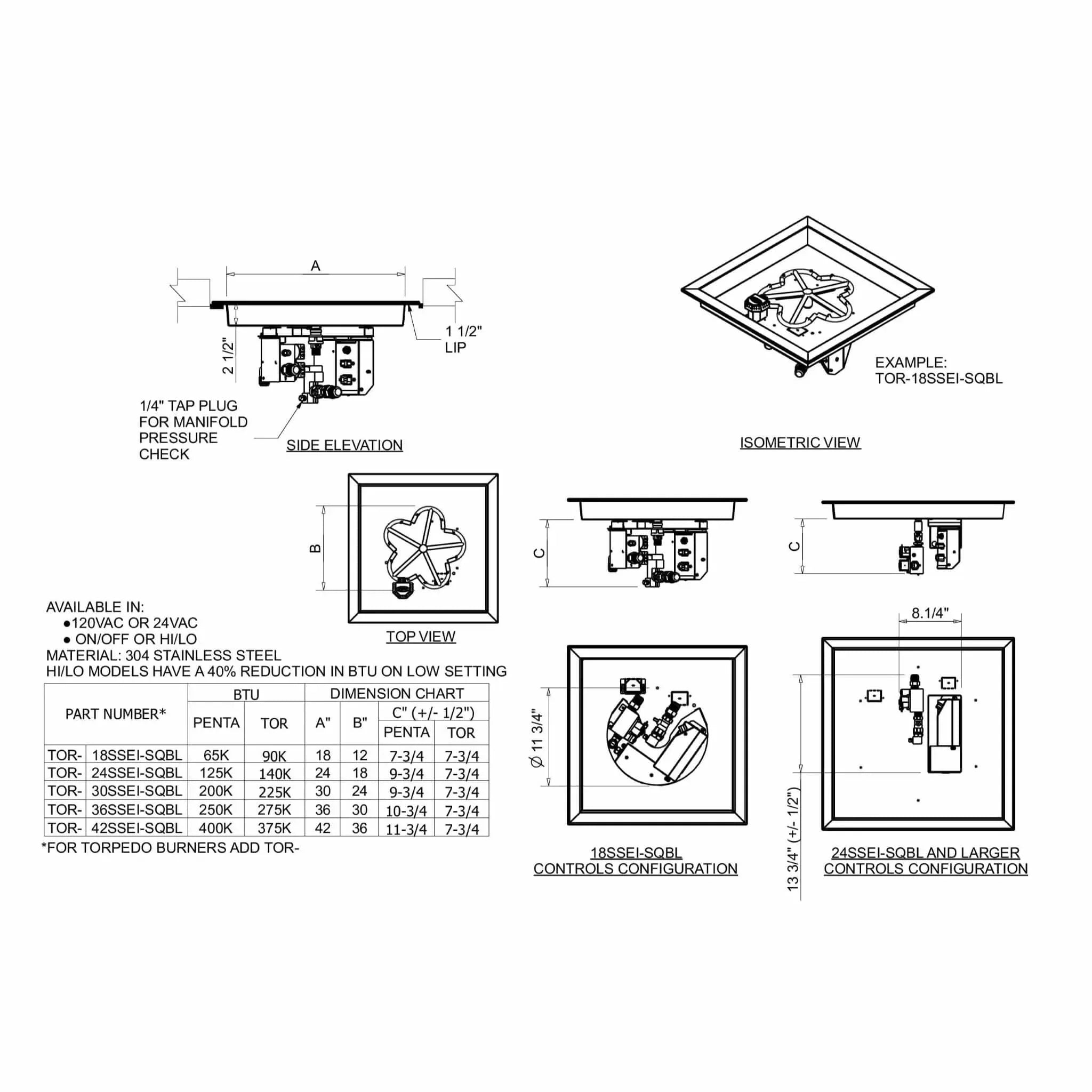 HPC Fire Square Torpedo Drop-In Fire Pit Kit (Hi/Lo Electronic Ignition)