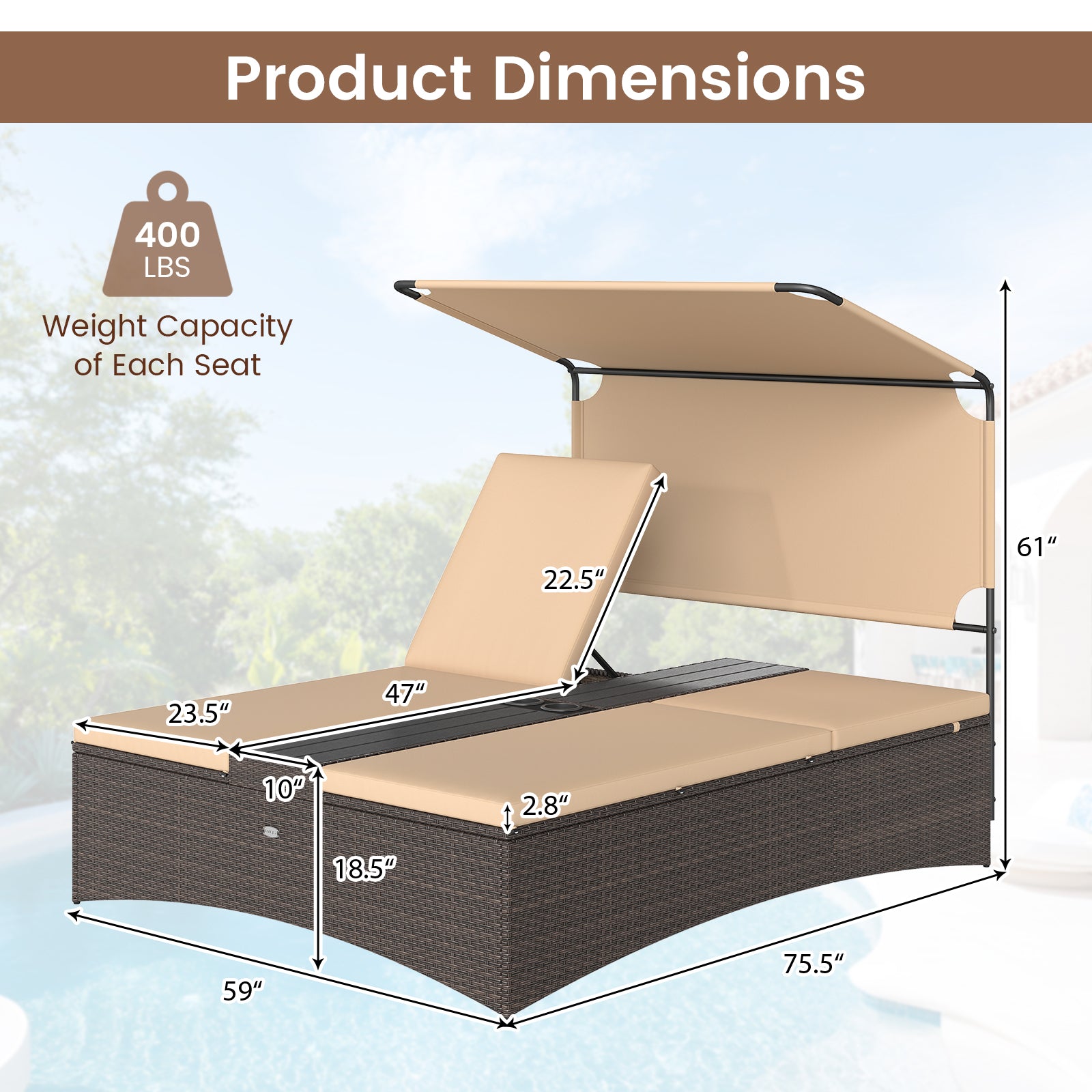 Outdoor Daybed with Adjustable Backrests 2-Person PE Rattan Patio Bed-Brown