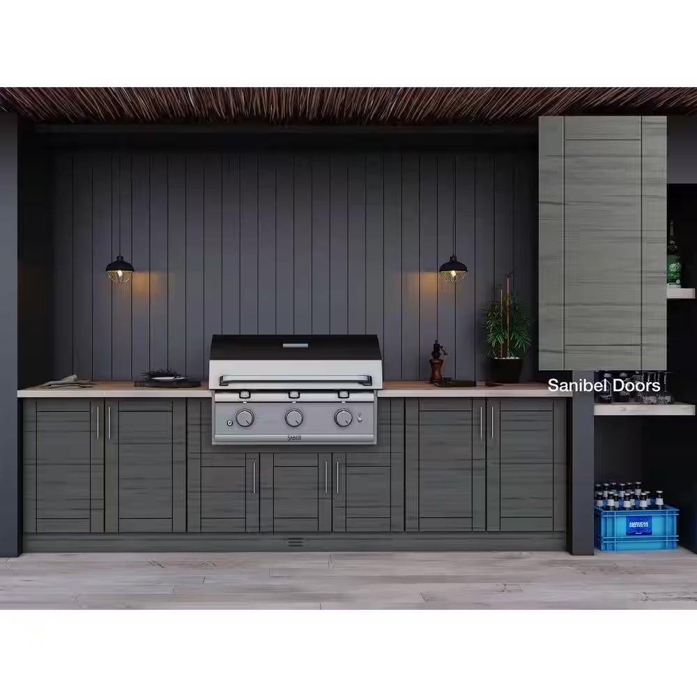 Sanibel Dark Ash 17-Piece 121.25 In. X 34.5 In. X 28 In. Outdoor Kitchen Cabinet Island Set