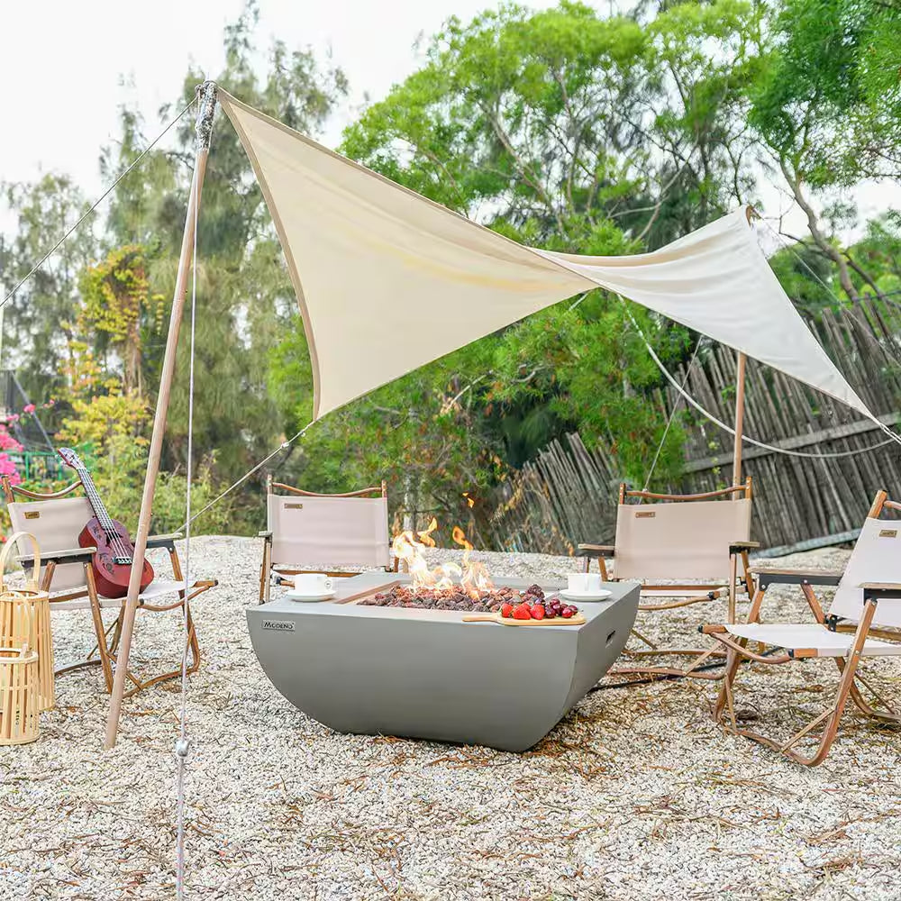 Westport 34 In. X 14 In. Grey round Concrete Propane Pit Table with Electronic Ignition Cover and Lava Rock