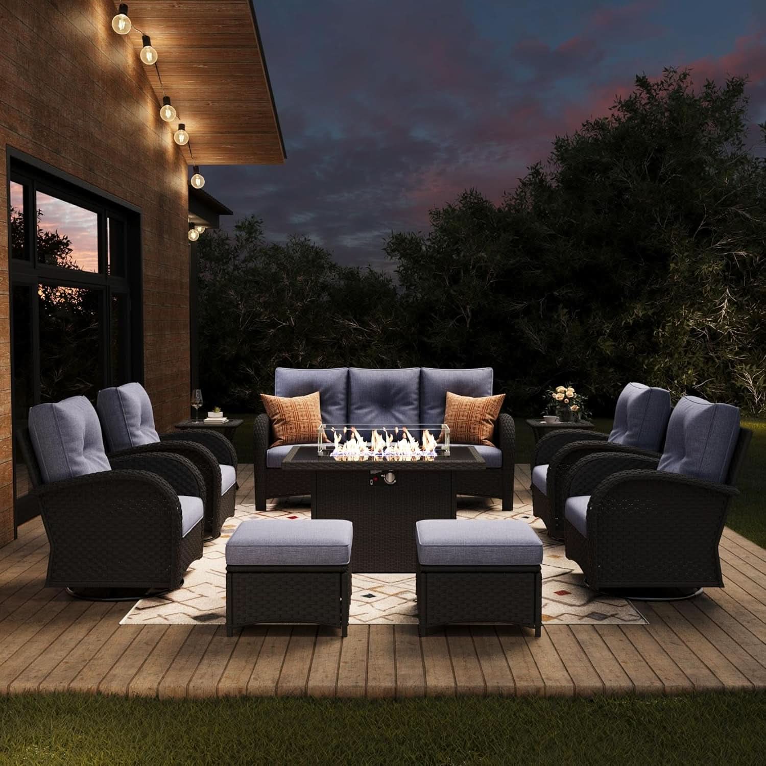 Outdoor Patio Furniture Set With Fire Pit Table 10 Piece Wicker Swivel Rocker