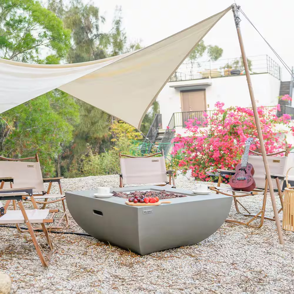 Westport 34 In. X 14 In. Grey round Concrete Propane Pit Table with Electronic Ignition Cover and Lava Rock