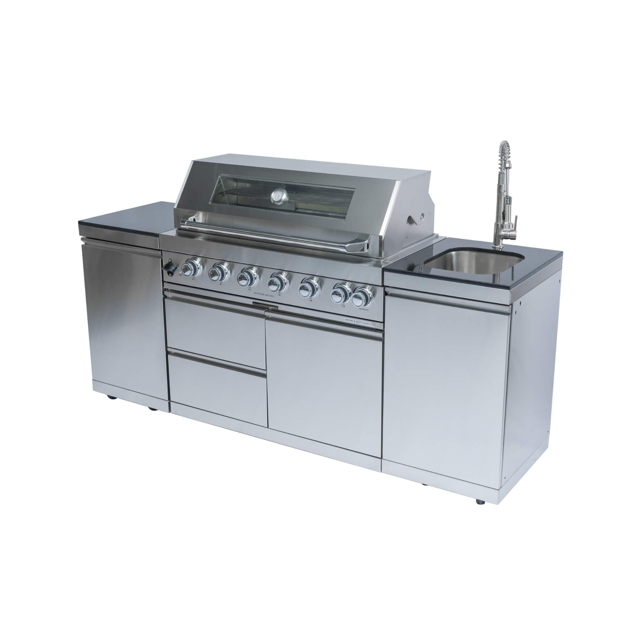 Castelle Flame Outdoor BBQ Kitchen Island with 43-Inch 6-Burner Gas Grill, Rotisserie Kit, Cabinets, and Sink