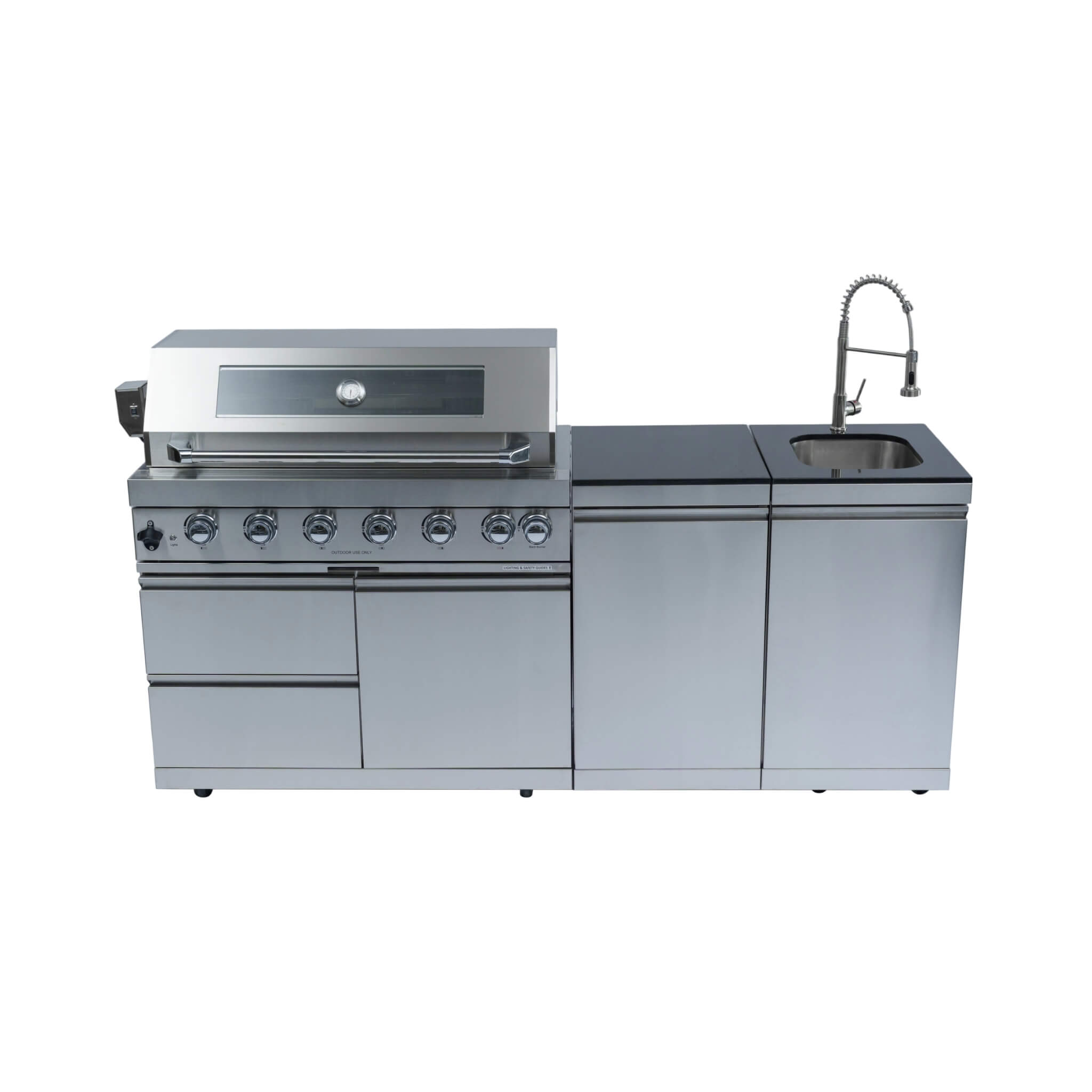 Castelle Flame Outdoor BBQ Kitchen Island with 43-Inch 6-Burner Gas Grill, Rotisserie Kit, Cabinets, and Sink