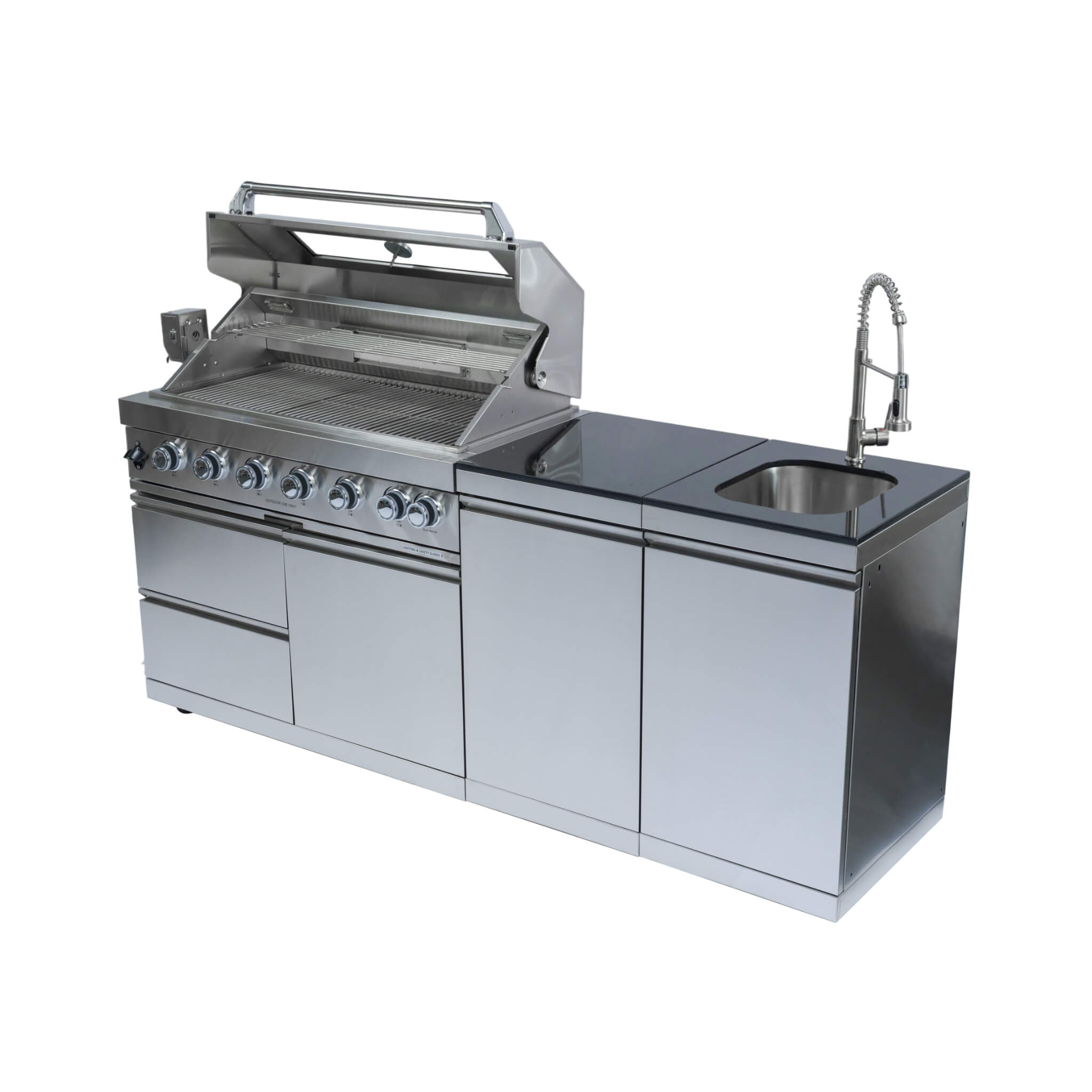 Castelle Flame Outdoor BBQ Kitchen Island with 43-Inch 6-Burner Gas Grill, Rotisserie Kit, Cabinets, and Sink
