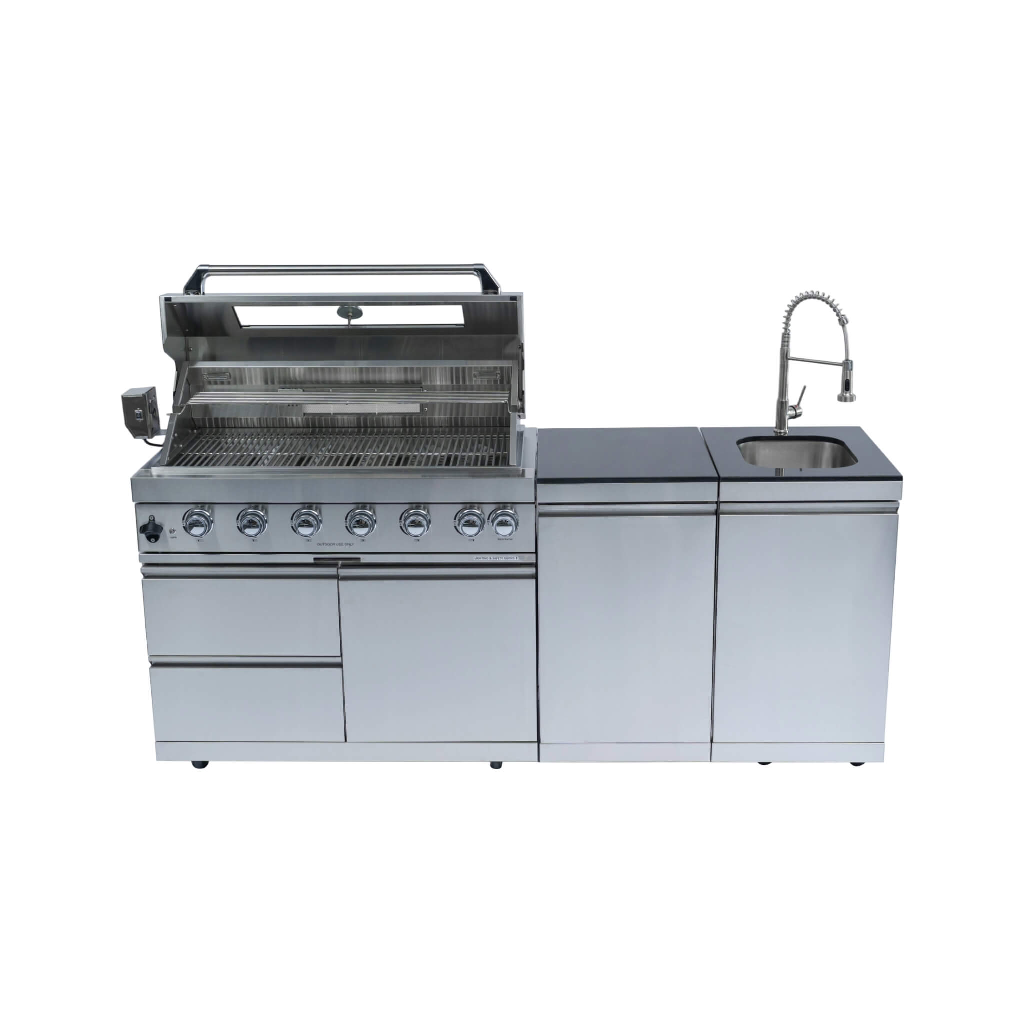 Castelle Flame Outdoor BBQ Kitchen Island with 43-Inch 6-Burner Gas Grill, Rotisserie Kit, Cabinets, and Sink