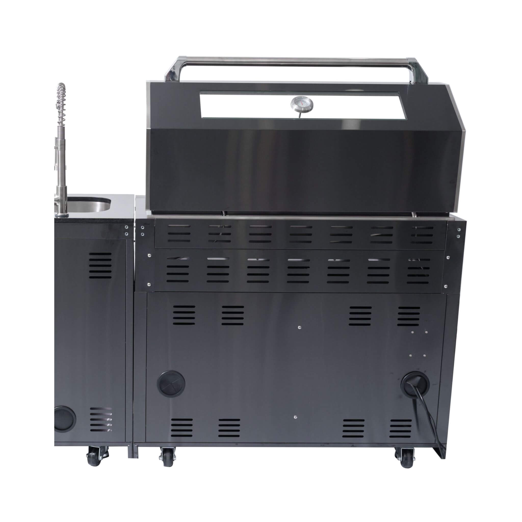 Castelle Flame Black Stainless Steel 6-Burner Gas Grill Kitchen Island with Rotisserie Kit