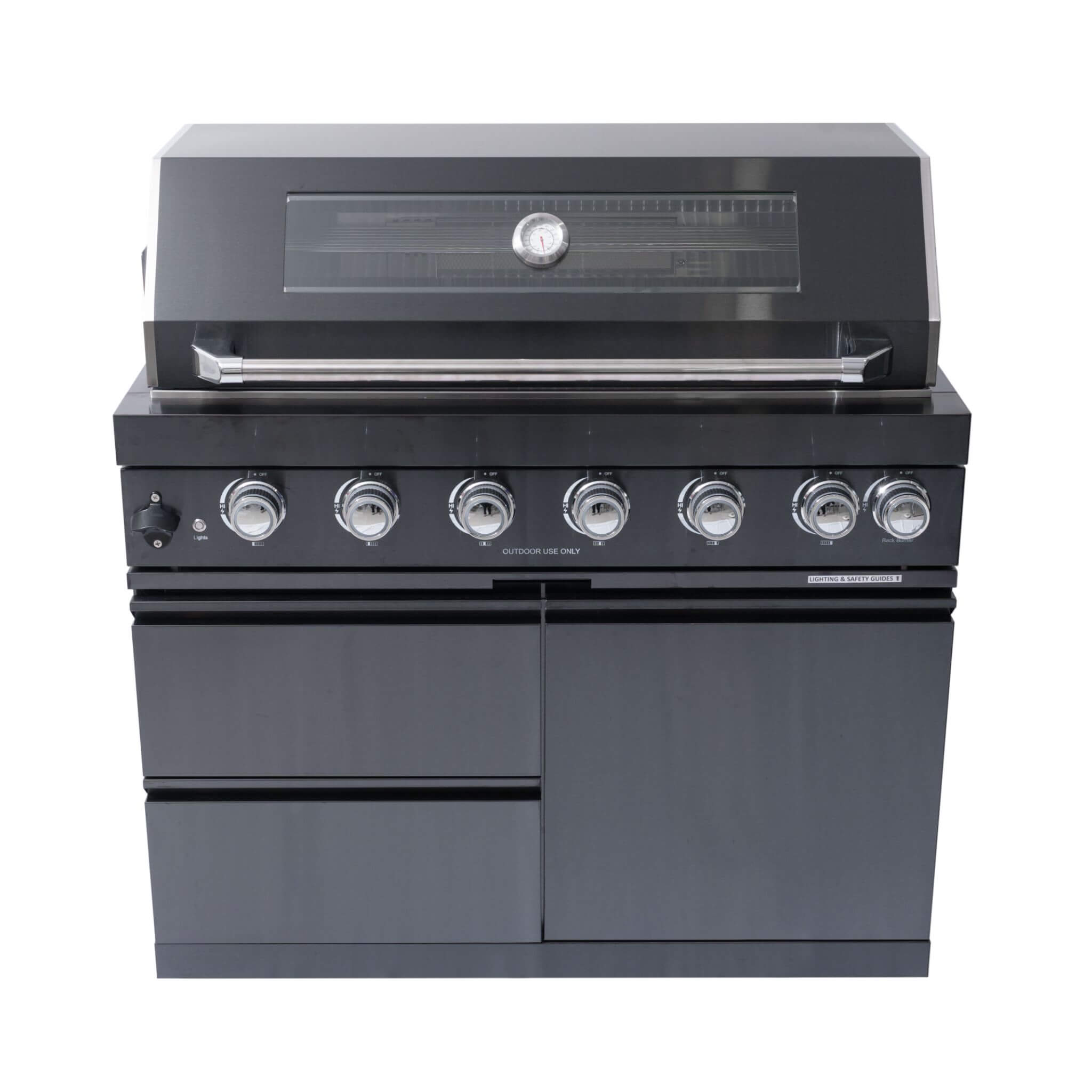Castelle Flame Black Stainless Steel 6-Burner Gas Grill Kitchen Island with Rotisserie Kit