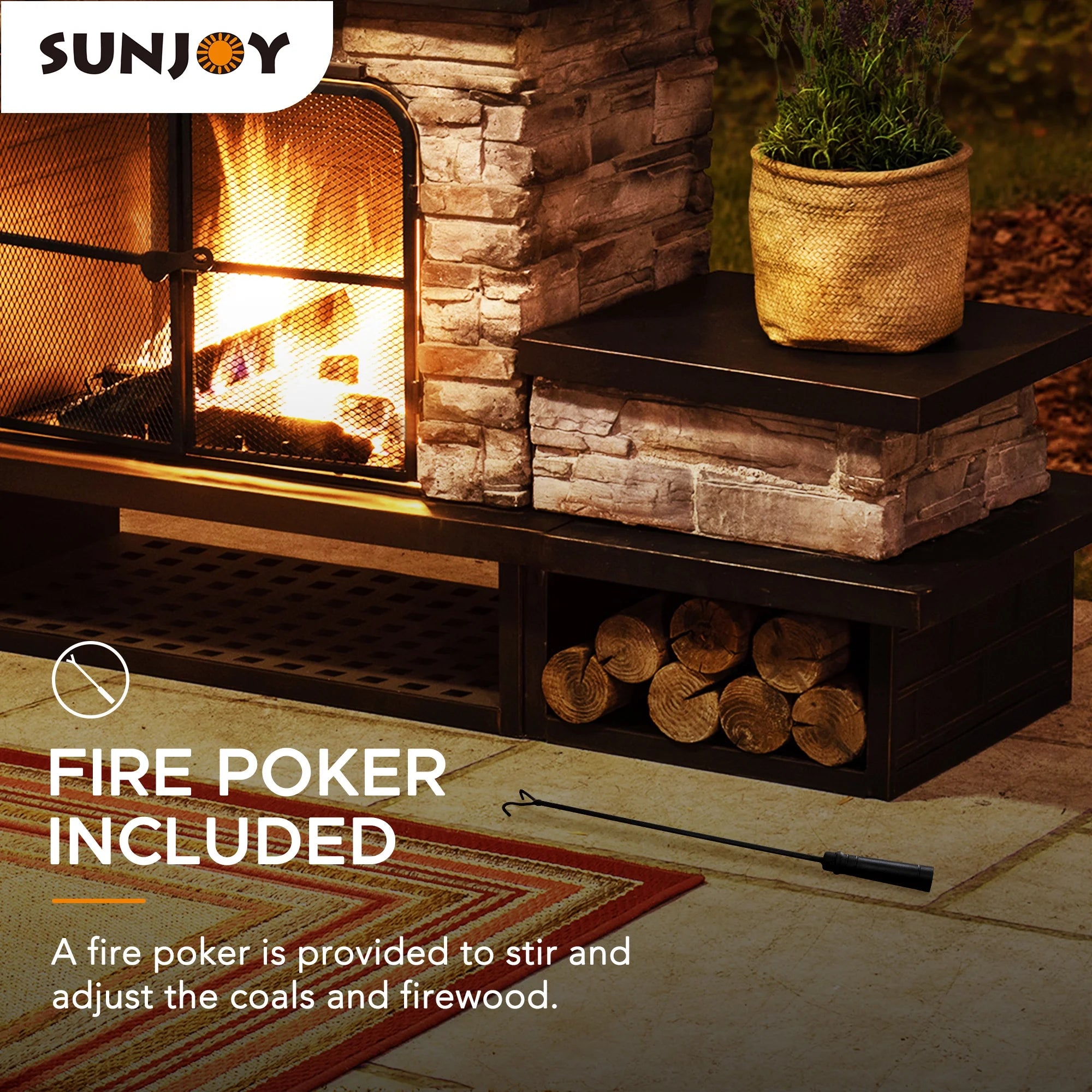 Outdoor 48 Inch Steel Wood Burning Stone Fireplace with Fire Poker and Removable Grate