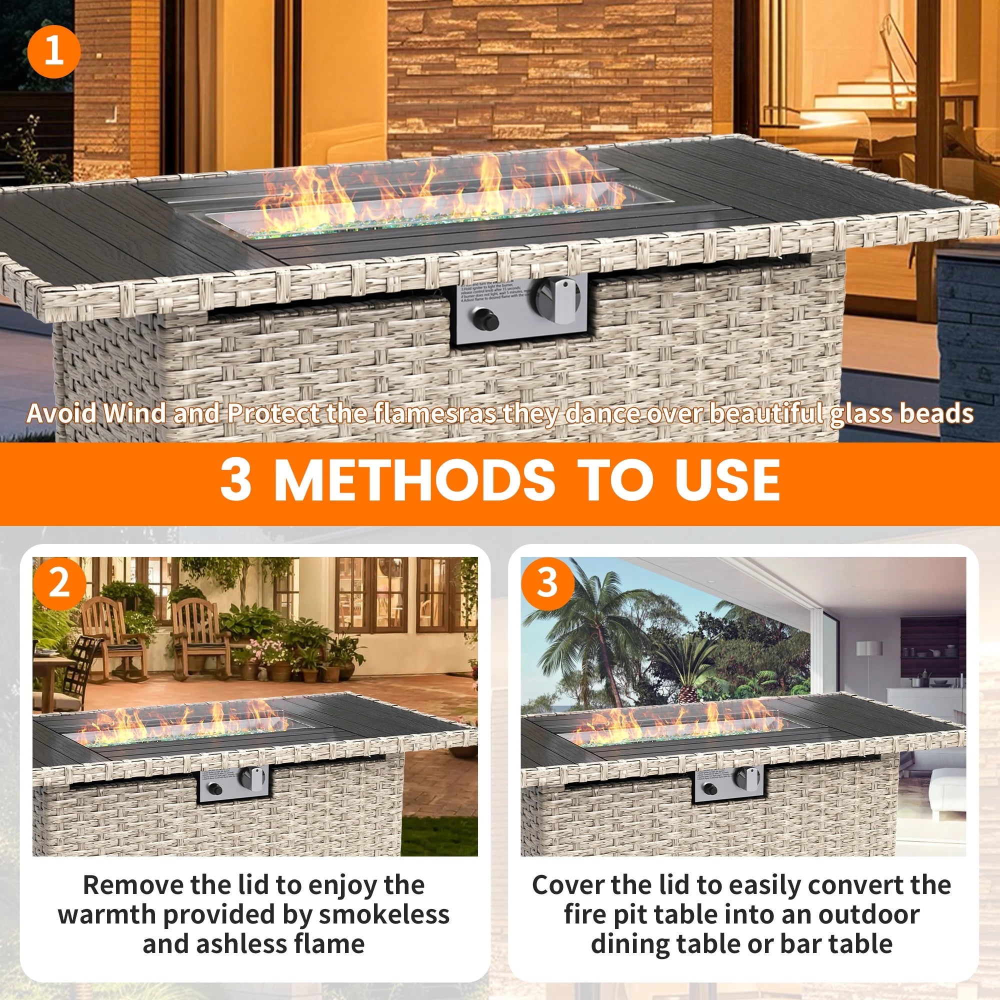 6 Pieces Patio Conversation Set with Firepit, Outdoor Sectional PE Rattan Wicker Furniture Seat,Navy