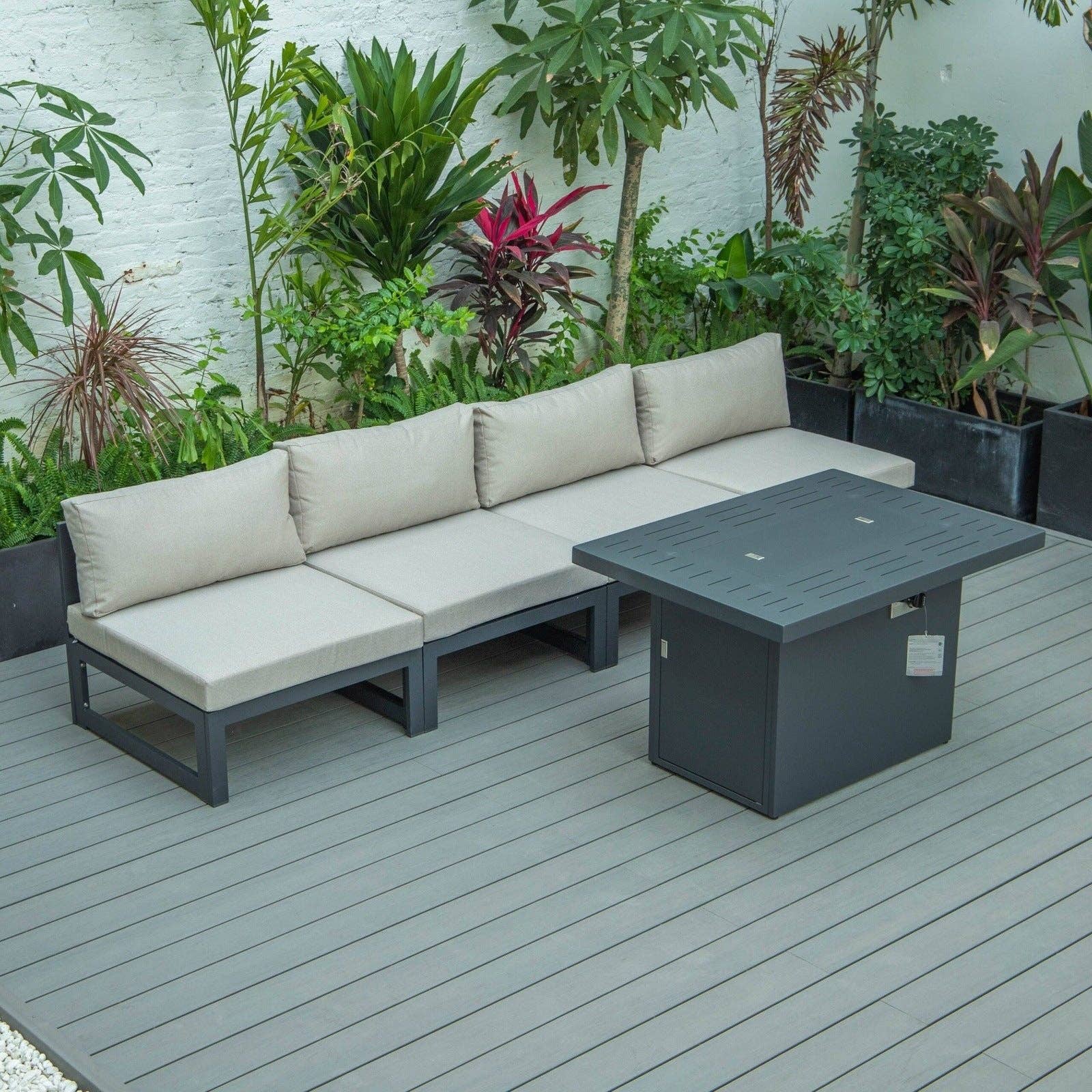 LeisureMod Chelsea 5-Piece Patio Set with Fire Pit Table