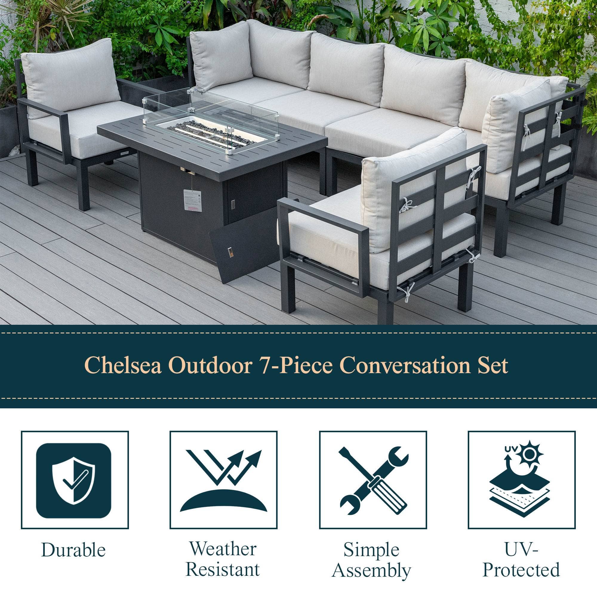 LeisureMod Chelsea 7-Piece Outdoor Sectional Sofa Set with Propane Fire Pit Table