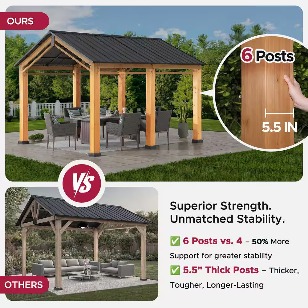 Hanover 11 Ft. W X 13 Ft. D X 10 Ft. H Cedar Wood Frame Carport Gazebo with Powdwe Coated Steel Roof
