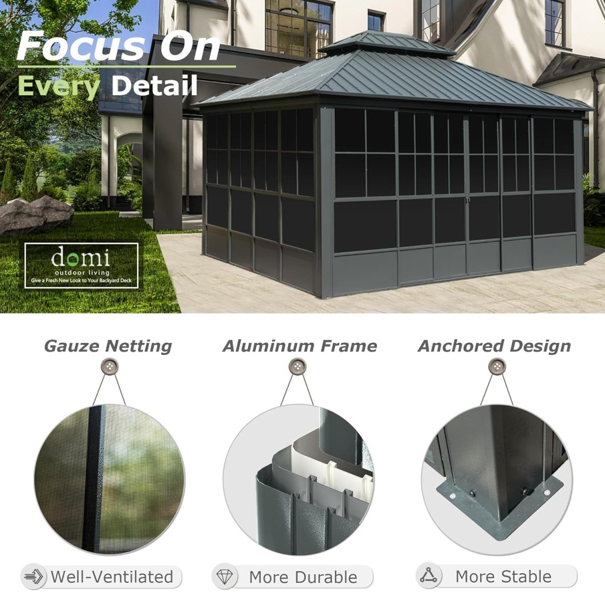 Alora All-Season Aluminum Gazebo with Steel Double Roof and Sliding Doors