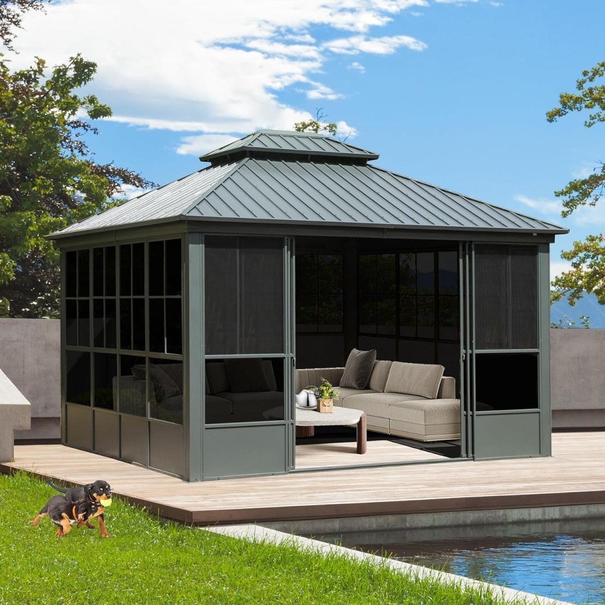 Alora All-Season Aluminum Gazebo with Steel Double Roof and Sliding Doors