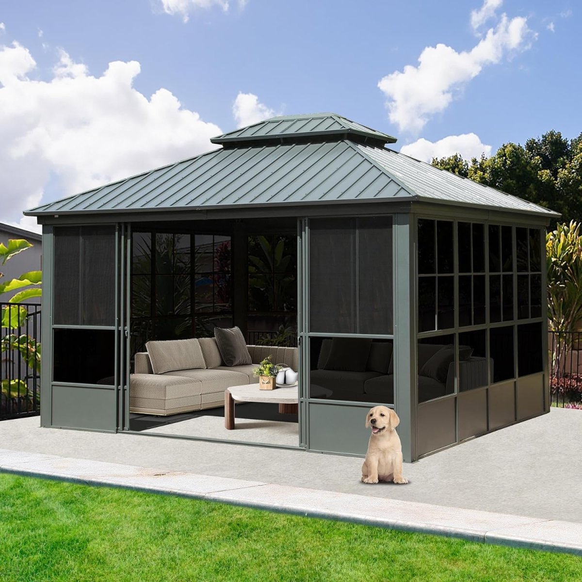 Alora All-Season Aluminum Gazebo with Steel Double Roof and Sliding Doors