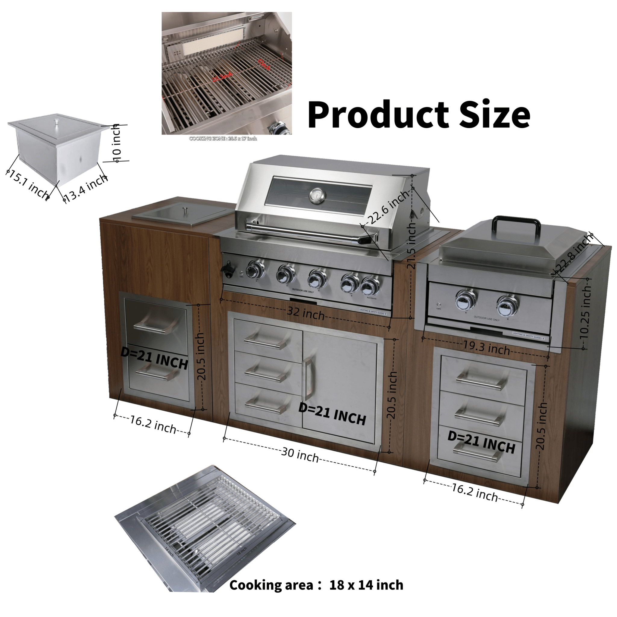 Premium Outdoor Kitchen with 32-Inch Built-In Stainless Steel Gas Grill, Ice Box, Door and Drawer Combo